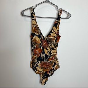 Vtg Jantzen Floral Cross Front One Piece bathing suit Swimsuit Swimwear